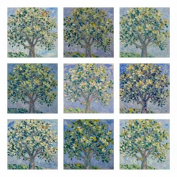 nine images arranged in three rows and three columns each containing 9 images of : a tree in the style of monet, ultra detailed, intricate
