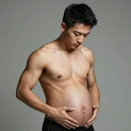 A young muscular Singaporean man in his 20s shirtless with a big pregnant belly rubbing his belly, photographed by Steve McCurry