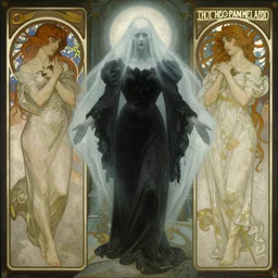 eldritch 1 9 2 0's ghost man in a black dress by stephen gammell and thomas kinkade and alphonse mucha