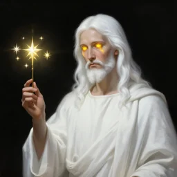 « portrait of the white - haired jesus in a white robe and flaming yellow eyes, holding seven stars in right hand, high - contrast, intricate, elegant, highly detailed, digital painting, artstation, concept art, smooth, sharp focus, illustration »
