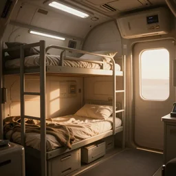 Room of a spacecraft, with a bunk bed, Light light atmosphere, warm tones, lights, gloom and lights, warm tones, warm colors, photo realistic, playing, CGI, Unreal Engine, Hdri