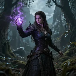 The Elder Scrolls 6, Female Mage conjuring a spell, realistic, ultra detailed, menacing, powerful, dark, shallow focus, forest, mountains in the background concept art design as if designed by Wētā Workshop