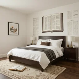 designer bedroom with Bible themed bed, bible themed walls, bible themed carpet, bible themed furniture and Bible themed decor, interior photo