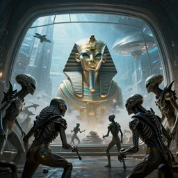 aliens brainsuckers warriors attacking egyptian god near the giant window inside ufo, cinematic, perfect face, cyberpunk, fine details, studio lighting, subtle shadows, art by katsuya terada, photorealism, hyper realism, octane render, hyper detailed, canon eos r 3, f / 1. 4, iso 2 0 0, 1 / 1 6 0 s, medium shot, 8 k, raw, unedited, in - frame,