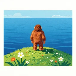 grainy risograph, painting of a prehistoric hairy caveman looking over the endless ocean on top of a hill, flower, vivid colors, by moebius and lehr paul and kim jung gi