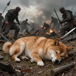 shiba inu sleeping on the battlefield in the vicious and chaotic aftermath of battle, by beatrix potter