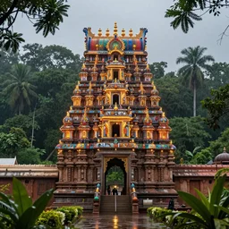 magnificent forts of indian temples surrounded by dense jungles detailed decorated in lights and flowers with rain hyperrealistic, sense of depth, 8 k, photorealistic, incredible india