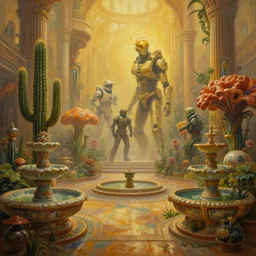 an oil painting by donato giancola, warm coloured, cinematic scifi luxurious futuristic foggy biomechanical victorian garden courtyard with bulbous alien floral fungi cactus growing out of pretty ceramic baroque fountains, gigantic pillars, beeple, halo, star wars, ilm, star citizen, halo, mass effect, artstation, atmospheric perspective