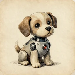 a cute robot puppy!!!. ( ( ( alcohol ink on parchment, muted colors, shading, detailed, textured parchment background, 1 9 5 0 s concept art ) ) )