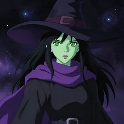 greenskin female witch wearing a purple scarf, jet black hair, bright green eyes and pale greenish skin, simple black dress and witch hat, detailed perfect face, exquisite details, mid view, design on a dark galactic background, by studio muti, greg rutkowski makoto shinkai takashi takeuchi studio ghibli
