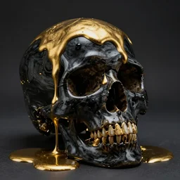 black shiny onyx human skull, low angle. liquid molten gold fluid dripping from top, slips over and drains
