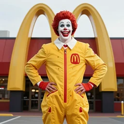Ronald McDonald as a bodybuilder in front of McDonald\'s, photo by Anne Liebovitz