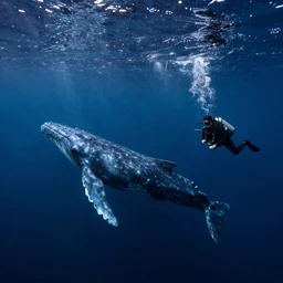 a photo of a scuba diver taking a picture of a blue whale in dark waters with shafts of light