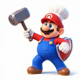 master chef deflects mario's hammer with a shield, digital art