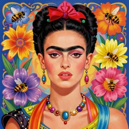 young beautiful frida kahlo, gorgeous face, vaporwave aesthetic, synthwave, colorful, psychedelic, artstation, flowers, bees, ribbons, concept art, smooth, extremely sharp detail, finely tuned detail, 8 k, unreal engine 5, ultra sharp focus, illustration, art by artgerm and greg rutkowski and alphonse mucha