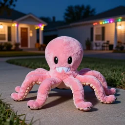 four legged vampire octopus plush trick or treating on halloween night, with a cartoonish large fangs, by the sanrio company, real, photography, halloween decorations, suburbs, sidewalk, houses, pink, yellow, black, ground level shot, macro camera, focused, night, colorful led lights, chromatic aberration