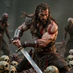 film still from god of war, a highly detailed beautiful closeup photo of jason momoa!!!! kratos with long! windblown! wet hair! holding a sword and fighting zombies on a pile of human skulls, spartan warrior, olympian god, muscular!!!, masculine confident pose, ambient lighting, volumetric lighting, octane, fantasy