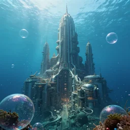 giant scifi city under bubbles in the sea, trending on artstation, ultra realistic photo, wide-angle, 8k