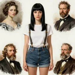 a woman with black hair and long pixie haircut in shorts with suspenders and white t-shirt drawn by lourens alma-tadema, norman rockwell, frank frazetta, alphonso azpiri, peter paul rubens, alphonse mucha, gustav klimt 4k, unreal 5, DAZ, french noveau, trending on artstation, octane render, hyperrealistic