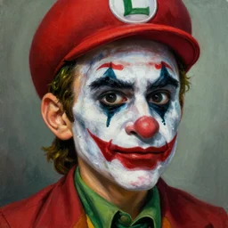 Luigi in real life with joker makeup, realistic, very realistic, hyperrealistic, highly detailed, very detailed, extremely detailed, detailed, digital art, oil painting, trending on artstation, headshot and bodyshot, detailed face, very detailed face, extremely detailed face, HD Quality, 8k resolution
