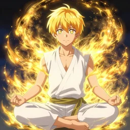 adult male ; short blonde hair ; starry eyes ; bright colours ; idol ; golden energy swirls ; martial artist ; meditation ; drawn by mengo yokoyari ; digital art ; high detail ; trending on artstation ; anime key visual
