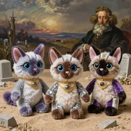 3 d precious moments plush egyptian mau with realistic fur, sandy cemetery crypt landscape, master painter and art style of john william waterhouse and caspar david friedrich and philipp otto runge, purple / silver / gold / metallic palette