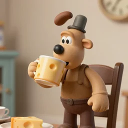 Wallace from Wallace and Gromit drinking a mug made out of cheese, Realistic, HD Quality, 8k Resolution, Digital Art, Trending on Artstation