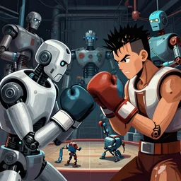 a beautiful highly detailed vector illustration close up of a boxing match with robots in a factory, punk styling by atay ghailan, cliff chiang, loish and goro fujita, silver, silver, brown, black, blue and cyan tones, featured on artstation, featured on behance, grunge aesthetic