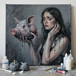 dripping black and grey paint, white wax, sensual, pork, a sad portrait in a female art student's apartment, surgical supplies, grey vegetables, depression, crying, woman holding a brain from inside a painting, berries, octopus, incense, bottles covered in wax, neo - expressionism, surrealism, acrylic and spray paint and oilstick on canvas