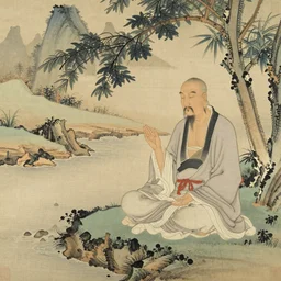 lao tzu meditates beside a river, traditional chinese painting,