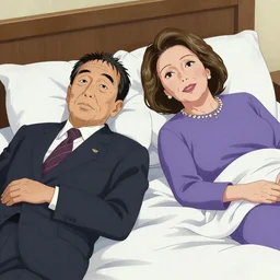An ultradetailed of Abe Shinzo and Nancy Pelosi lying on the bed, anime illustration, 4k