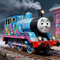 thomas the tank engine by zdzisław beksinski, side angle, digital art, 8 k, beautiful, detailed, intricate, neon highlights, covered in 8 0 s style graffiti