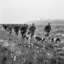 movie still by tarkovsky of a crowd of hunters with dogs running in a swamp with snow and muguets, cinestill 8 0 0 t 3 5 mm b & w, heavy grain, high quality, muddy, foggy