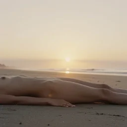 woman torso has no legs and four arms lying on the beach at sunset, crepuscular rays, herb ritts and helmut newton photo