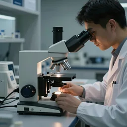 scientist working with electron microscope in a clean environment, photography
