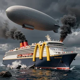 an immense mcdonald's brand oceanliner cruise ship with giant golden arches logo crashed a broken on a deserted island, huge airship in the dark skies, smoke stacks billowing thick black smoke, dystopian bad vibes, fast food restaurant color scheme, photorealistic, intense clouds, octane render, sharp focus