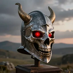 medieval helmet in the shape of a demon skull with glowing red eyes,