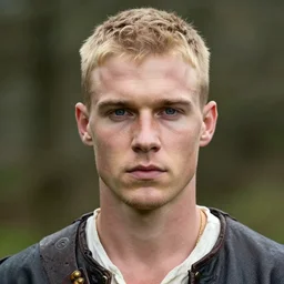 photo portrait of a rugged irish pirate, young adult, short blonde hair and clean shaven face, faded blue vest, charismatic face, rugged and dirty, cinematic lighting at sundawn, movie color grading