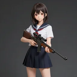anime, full body, cute, female, a cute girl wearing a school uniform and holding a sniper rifle, gorgeous lighting, highly detailed, digital painting, art station, sharp focus, frontal view, illustration, concept art, advanced digital anime art