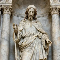 a dramatic view of an highly ornated macabre soul priest statue dressed with soft silk robe made in heavy marble, with few ornaments in shiny polished stone, sculpted by hedi xandt and antonio corradini