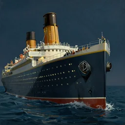 rms titanic sinking bow first, nighttime, eye level, realistic painting