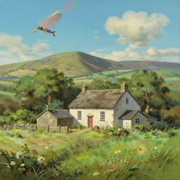 a small irish homestead dynamic composition, ghibli style, cgssociety, artstation, 8 k, oil painting, by rhads