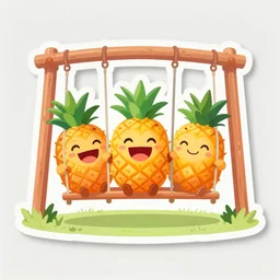 die cut sticker of three smiling and laughing pineapples on a swing set, cartoonish