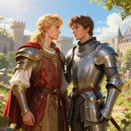 attractive arthur pendragon and his attractive male knight, in camelot | | sunny, dreamlike art, realistic shaded, fine details, 4 k realistic, cryengine, realistic shaded lighting poster by greg rutkowski, magali villeneuve, artgerm, jeremy lipkin and michael garmash and rob rey