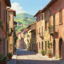 a street view of a italian rural city, artgerm, anime style, pixar and disney style, high quality, highly detailed, high coherence, path traced, beautiful, elegant, geometrically correct, realistic, digital painting, masterpiece, digital art, concept art, unreal engine 5, daytime