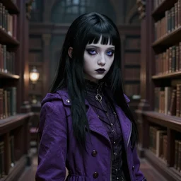 1 7 - year - old pale - skinned persian goth girl, black hair, long bob hair, purple coat, psychic girl, old library, gloomy library, hogwarts library, ultra - realistic, sharp details, subsurface scattering, intricate details, cold lighting, highly detailed, photorealistic, octane render, 8 k unreal engine, art by artgerm