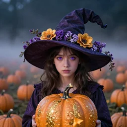 a young witch, with a large hat covered in amethyst flowers and golden pumpkin, realistic detailed purple eyes, in a misty pumpkin field at night