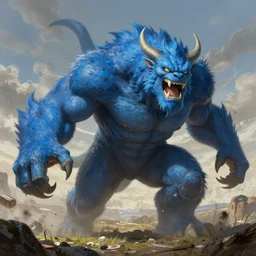 a giant blue beast bursting out of the ground ready to attack; detailed, best on artstation, raymond swanland, magic the gathering, epic, stunning, masterpiece