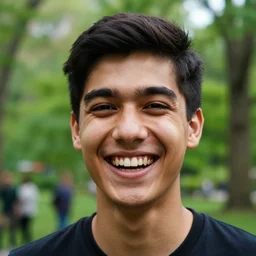 closeup photo of a young man in central park with a laughing face, perfect face, nikon photography