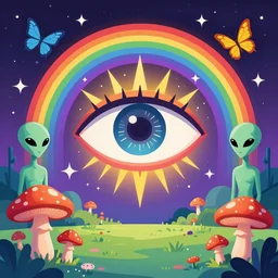 psychedelic third eye, enchanted alien world, mushrooms on the ground, aliens, galaxy in the sky, butterflies, occult, illuminati, rainbows, bright colors, vector art, dripping, high contrast, fantasy poster by helen huang and frank frazetta and salvador dali and norman rockwell, anime style, 4 k
